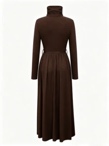 HUTENER Women's Spring/Autumn High Neck Long Dress, Long Sleeve High Waist Cinched Cinched Waist Design, Flowy Long Dress, With Pockets, Suitable For Daily And Formal Occasions - Dark Brown - View 10