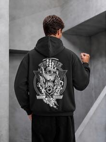 Krometka 男士秋冬神秘图案印花宽松连帽衫 - 深灰色 - 查看 2