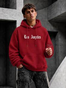 Krometka Men's Brown Los Angeles Letter Pouch Hoodie, New Autumn/Winter - Red - View 2