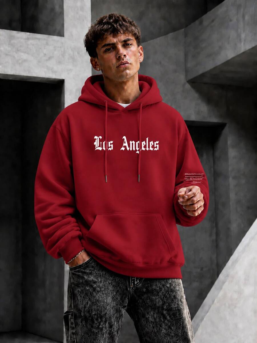 Krometka Men's Brown Los Angeles Letter Pouch Hoodie, New Autumn/Winter