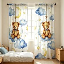 2pcs Cartoon Digital Print Curtains, Teddy Bear Swinging Moon And Clouds, Cute Watercolor Children Style, Baby Room Bedroom Decor - Multicolor - View 8