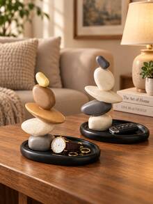 Stacked Stone Balance Sculpture With Black Storage Tray, Modern Abstract Resin Home Decor Ornament, Jewelry Key Watch Organizer For Entryway, Living Room, Bedroom & Office - A - View 1