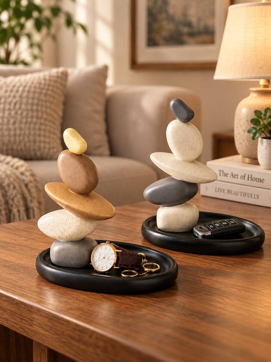 Stacked Stone Balance Sculpture With Black Storage Tray, Modern Abstract Resin Home Decor Ornament, Jewelry Key Watch Organizer For Entryway, Living Room, Bedroom & Office - A - View 1