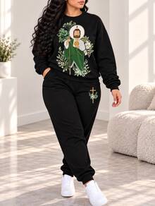Set 2 piezas pans conjunto completo grafico comodo versatil otoño invierno cuello redondo sudadera jogger versatil manga larga virgen de guadalupe catolico lupita guadalupano - Negro - Ver 1