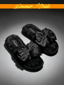(Ukuran Kecil Satu Ukuran) Sandal Bulu Hitam Wanita untuk Luar Ruangan, Dekorasi Pita Besar Satin, Ujung Terbuka, Sandal Rumah Lembut Berbulu Hangat untuk Dalam Ruangan, Penggunaan Ganda - Hitam - View 4