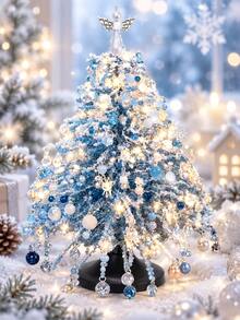 Snow Blue Beaded Christmas Tree Craft Kit - DIY Desktop Winter Wonderland Tree Metal Wire Handmade Set With Bursting Crystal Beads/Angel Tree Topper/LED Lights, For Adult Holiday Crafts, Fireplace Mantel And Tabletop Centerpiece - Blue Winter Style - View 2
