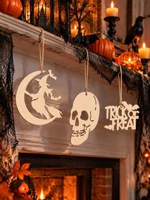 1set Halloween Hanging Ornaments Witch Moon Skull Trick Or Treat Sign Spooky Season Wall Decor Vintage Style Holiday Accent For Mantel Fireplace Front Door Window Entryway Living Room Party Backdrop Indoor Outdoor Fall Halloween Celebration - Laqi-1 - View 3