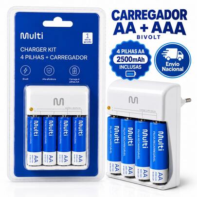 Carregador de Pilhas AA AAA Multilaser CB054 Bivolt + 4 Pilhas AA Recarregáveis 2500mAh