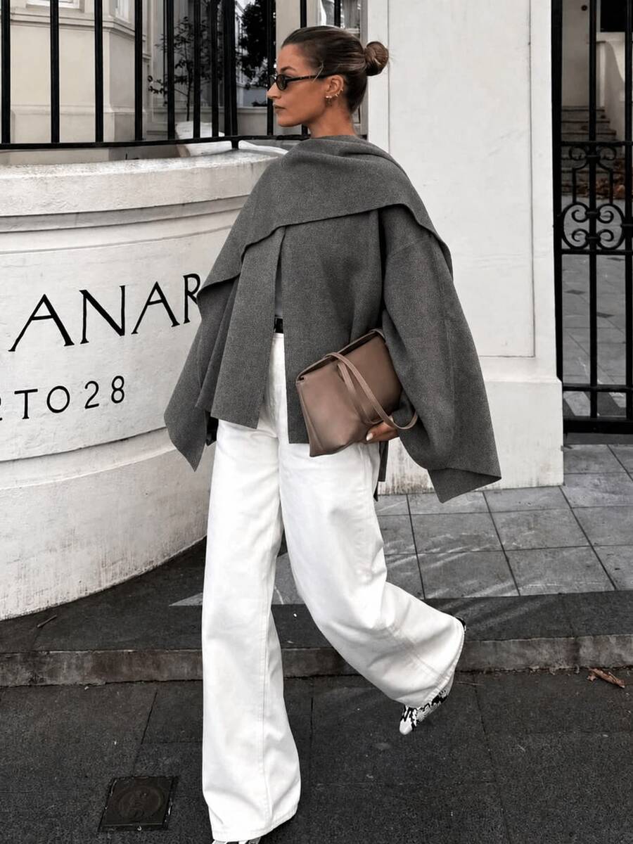 Women's Casual Oversized Poncho Style Knit Cardigan, Daily Wear - Grey - View 1