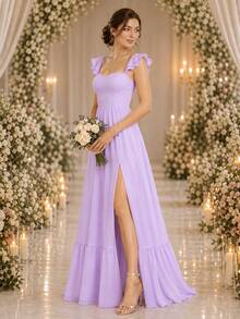Volly Toych Elegant Lilac Purple Chiffon Bridesmaid Maxi Dress, Spaghetti Straps, Ruffle Sleeves, High Slit Long Skirt, Suitable For Formal Occasions Or Vacation - Mauve Purple - View 6