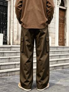 Men's Spring/Autumn Wide Leg Cargo Pants, Multi-Pocket 3D Pleated Loose Straight Leg Casual Long Pants - Army Green - View 2