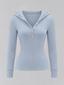 Women's Sports Top, Henley Half-Button Hooded Long Sleeve Ribbed Waist-Cinching Slim Fit Elastic Yoga Workout Wear - Baby Blue - View 7