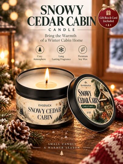 1pc Snow House Cypress Fir Fragrance Christmas Candle 3oz Black Tin Can With Gift Box And Card, Fireplace Wood Smoke Winter Scent, Bedroom Office Desk Fireplace Mantel Cozy Decor, Hygge Christmas Gift For Him/Her, Home Fragrance