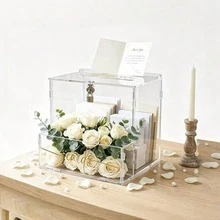 1pc Luxury Acrylic Wedding Card Box With Floral Compartment Design, Lockable Transparent Gift Box, Guest Thank You Note Storage Decorative Box, Rectangular Wish Box For Wedding Reception Party Supplies - Multicolor - View 4