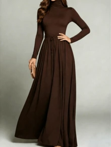 HUTENER Women's Spring/Autumn High Neck Long Dress, Long Sleeve High Waist Cinched Cinched Waist Design, Flowy Long Dress, With Pockets, Suitable For Daily And Formal Occasions - Dark Brown - View 7