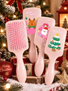 2D Flat Santa Claus/Christmas Tree/Reindeer Pattern Portable Air Cushion Comb, Dry & Wet Use Breathable Comb, Travel Detangling Comb, Handheld Design, Easily Fits In Handbag Or Gym Bag; Suitable As Christmas Gift, Hair Care Essential, Travel Must-Have - Multicolor - View 2