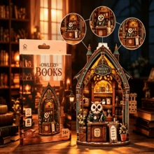 DIY Owl Bookstore Miniature House 3D Stereoscopic Model Kit, Wooden Handmade Assembly Kit For Collection And Home Decor, Creative Handmade Art Piece, Perfect Birthday Gift For Friends And Family, Christmas, Halloween, Valentine's Day, Easter, Back To School, Holiday Gift Surprise, Adult Handmade Gift - Multicolor - View 3