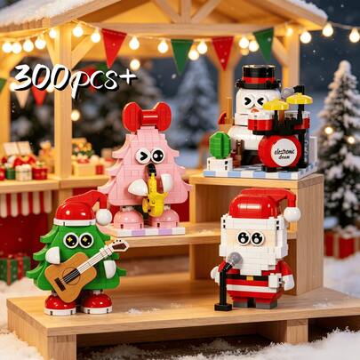 Christmas Theme Band Building Block Set, 4 Styles Including Santa Claus, Snowman, Christmas Tree Figures, With Guitar, Drum Set And Other Musical Instrument Accessories, Smooth Touch, Stress Relief Handmade Decor, Strong Holiday Atmosphere, Suitable As Christmas Gift, Desk Decoration, Fun DIY Assembly Toy
