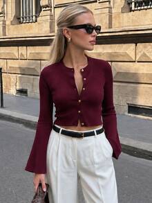 Women Fall Winter Elegant French Ribbed Knit Raglan Flare Sleeve Button Front Cropped Cardigan Office Daily Commute Brunch Street Casual Outfit - Burgundy - View 1