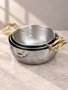 3-Piece Silver Lidded Double-Handle Soup Pot Set, Hammered Hexagonal Texture With Riveted Handle Details, Nestable Kitchen Cookware, Suitable For Cooking Soup, Pasta And Stew, Home Daily Cooking Cookware Set, Induction Cooktop Compatible - View 7