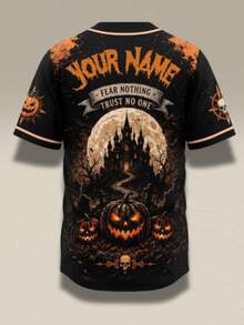 Custom Halloween Baseball Jersey Personalized Name Grim Reaper Pumpkin Castle Graphic Button Down Shirts - Black - View 3