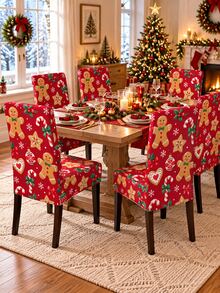 Christmas Dining Chair Cover Set, Red Gingerbread Man, Candy Cane, Cookie, Snowflake Print, For Dining Room, Kitchen, Christmas Party, Home Decor - Red - View 5