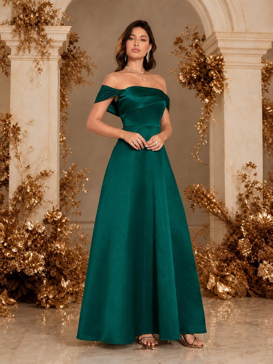 Women's Elegant Off Shoulder Slit Party Dress Wedding Spring Fall - Green - View 1