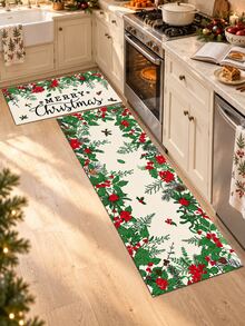 1/2pcs Christmas Kitchen Decor Rug, Christmas Floral & Santa Claus Pattern Winter Kitchen Rug And Mat, Non-Slip Washable Absorbent Kitchen Accessories Decor Mat, Christmas Holiday Gift! - Multicolor - View 3
