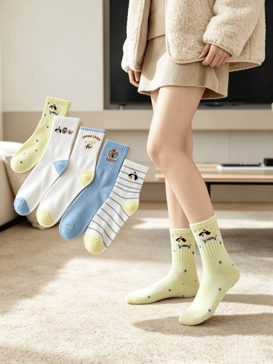 1/5 Pairs All-Season Macaron Cute Animal Pattern Contrast Color Comfortable Versatile Mid-Calf Socks - Multicolor - View 1