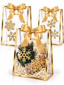 6pcs Transparent Gift Bags With Gold Trim, Satin Bows And Matching Snowflake Stickers, Reusable Clear PVC Tote Bags For Christmas, Wedding, Bridal Shower, Birthday, Party Favors And Luxury Gift Packaging - Gold - View 1