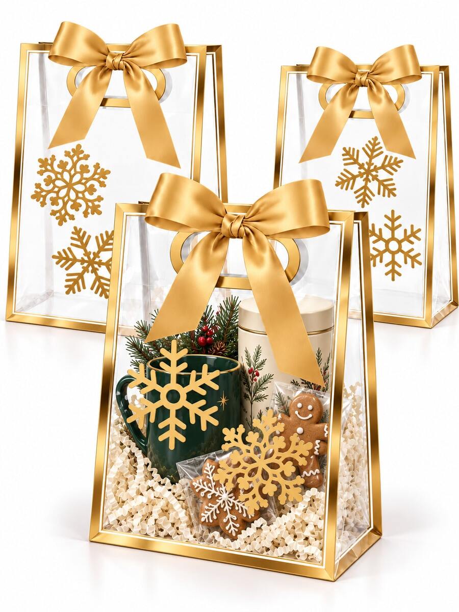 6pcs Transparent Gift Bags With Gold Trim, Satin Bows And Matching Snowflake Stickers, Reusable Clear PVC Tote Bags For Christmas, Wedding, Bridal Shower, Birthday, Party Favors And Luxury Gift Packaging - Gold - View 1