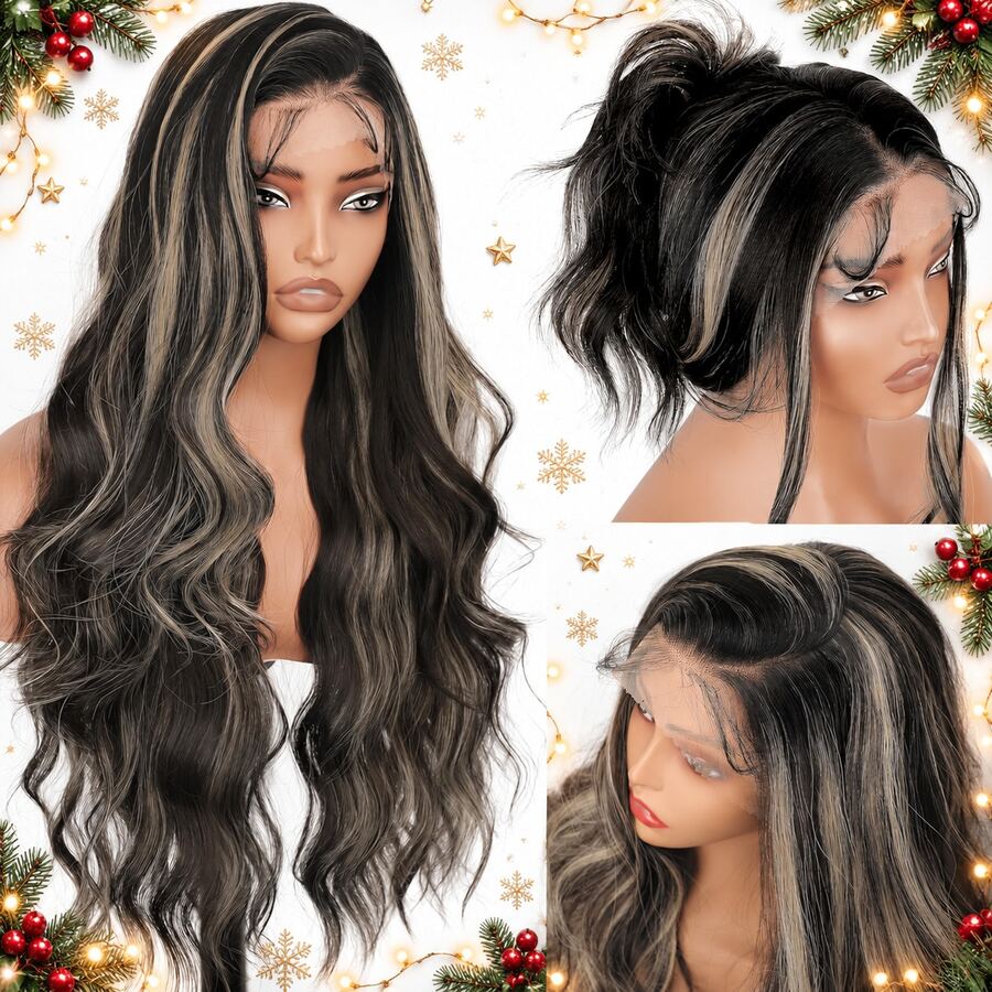 13x4 Lace Front Wig, Natural Black Water Wave Lace Front Wig, Pre-Plucked Yaki Synthetic Lace Front Wig, 28 Inches, Halloween