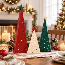 Wooden Christmas Tree Tabletop Decor Set, Polka Dot Triangle Tree Figurines With Star Topper, Freestanding Rustic Wood Christmas Ornaments For Mantel Shelf Table Holiday Decoration - View 2