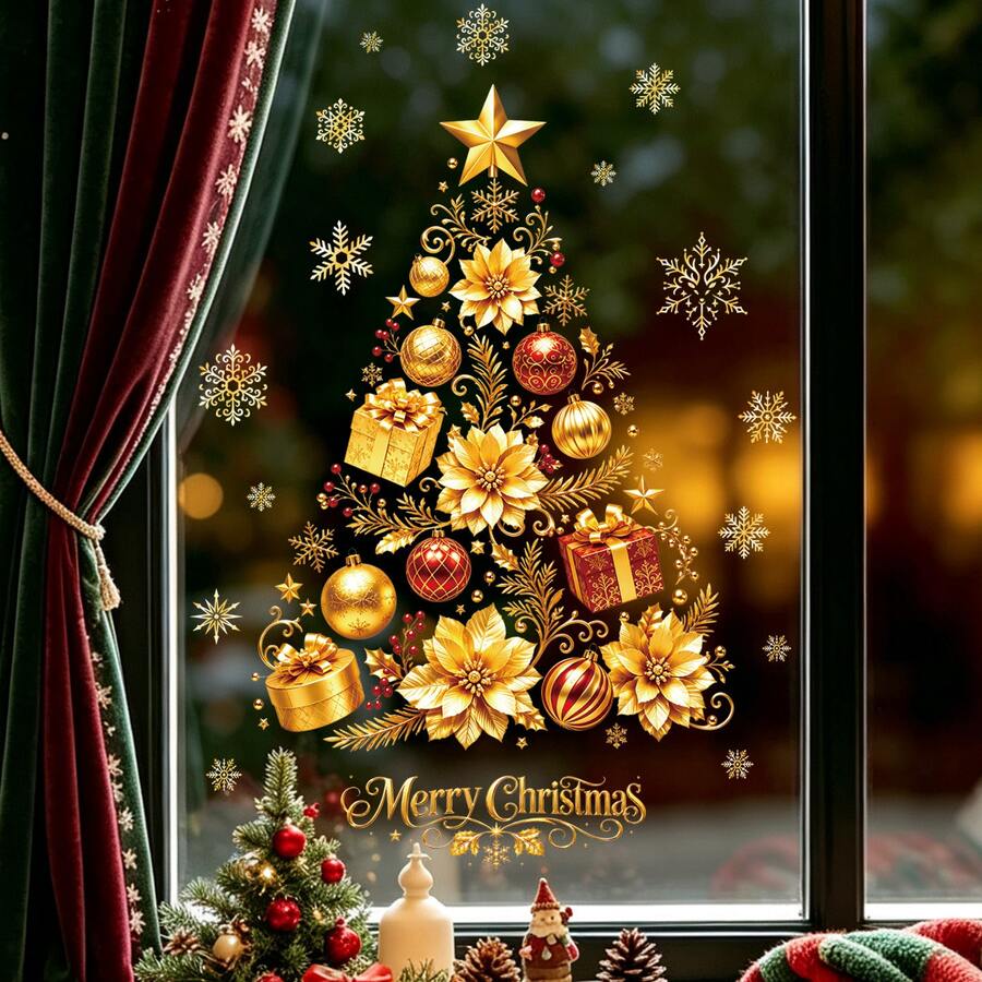 Gold Christmas Tree Static Window Sticker Snowflake Colorful Ball No ...