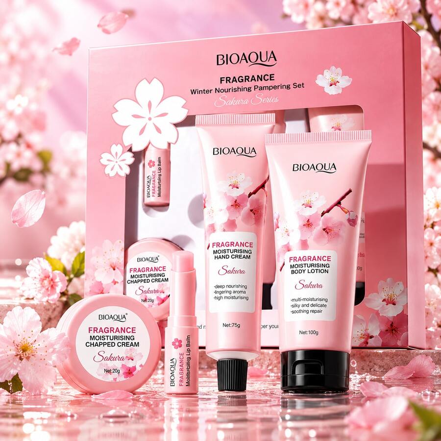 BIOAOUA BIOAQUA 櫻花香氛冬季滋養護膚套組 4件組 保濕身體乳液 手霜 護唇膏 抗龜裂霜 禮盒 - 保濕乳液 護唇膏 護手霜 - 查看 1