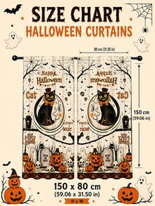 2pcs Vintage Halloween Curtains, Black Cat Moon Pumpkin Cemetery Skull Bat Print Curtain Fabric, Suitable For Living Room Bedroom Haunted House Party Decoration - F - View 11