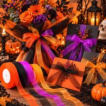 4 Rolls 200 Yards Halloween Organza Ribbon Set, Orange Purple Black 3-Color Semi-Sheer Tulle Ribbon, Bouquet Packaging Gift Box Tie, Door Decor Wreath Chair Back Table Party DIY Bow Decoration Ribbon - Orange Purple Black Chiffon Ribbon - View 2