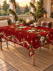 1pc Rectangular, Round, Oval Red & Gold Christmas Tablecloth, Red & White Poinsettia, Decorative Ball & Snowflake Print, Ribbon Border Design, Suitable For Dining Room, Kitchen & Holiday Party Decoration - A - View 3