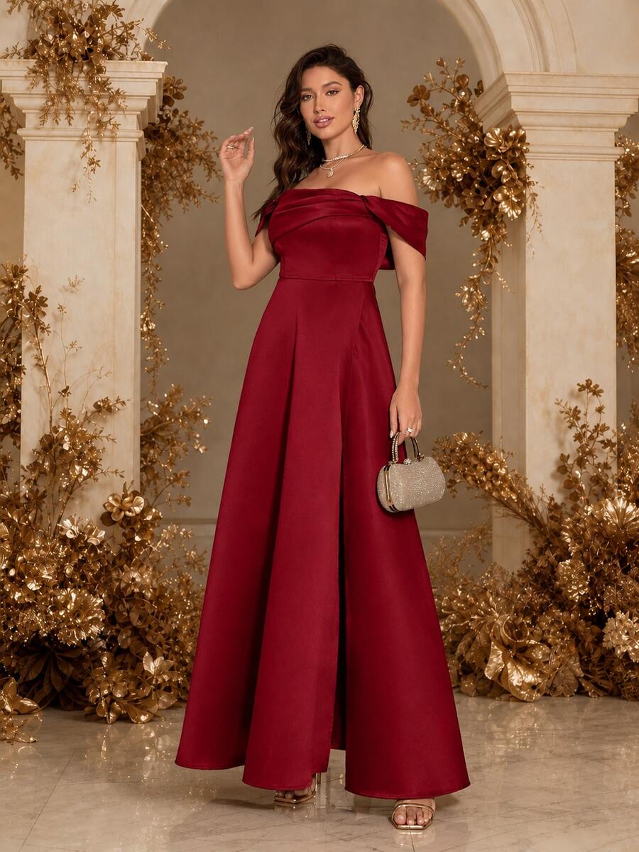 Women Off Shoulder Slit Cocktail Party Dress, Wedding Guest Dress, Formal Dress, Evening Dress,Gown Spring Elegant - Burgundy - View 1