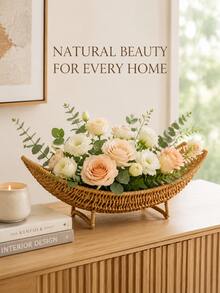 Half-Moon Woven Rattan Basket With Raised Stand, Curved Decorative Centerpiece For Christmas Greenery, Dried Flowers, Entryway Console, Dining Table & Boho Home Decor - Multicolor - View 5