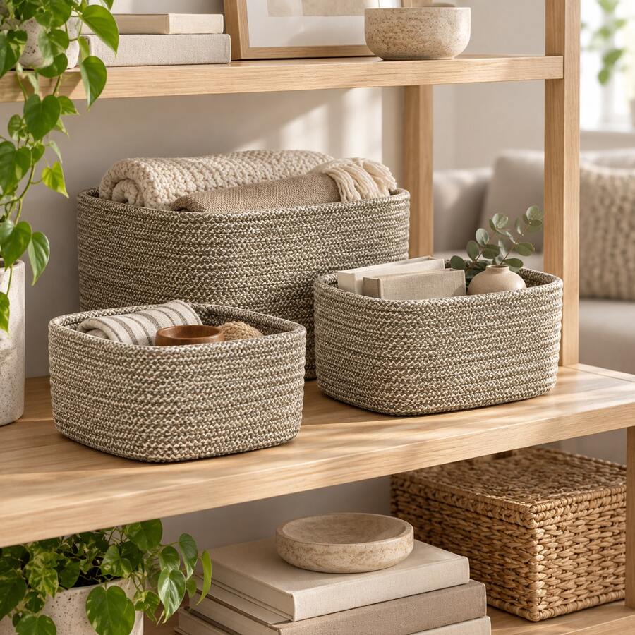 Set Of 3 Woven Storage Baskets, Stackable In Three Sizes, A Or B Colour Option, For Shelves, Bedrooms And Living Rooms - View 1