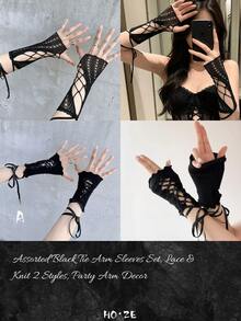 3/2/1pc/Pair/Set Women's Cross Fishnet Fingerless Sleeves, Storage Gift Bag Accessories, Hollow Wrist Decor, Gothic Style Halloween Cosplay Accessories - Black - View 11