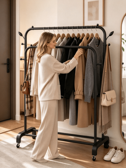 Cabideiro de Roupa Independente de Dupla Haste com Rodas Universais Silenciosas para Mobilidade, Estrutura de Suporte Reforçada para Carga Estável, Pequenos Ganchos Laterais, Uso Duplo para Armazenamento e Secagem de Roupa no Quarto e Entrada