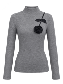 Women's Ribbed Funnel Neck Knit Top With Floral Applique Long Sleeve Fall Winter Sweater - Dark Grey - View 5