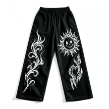 Y2K Dark Subculture Style Sun Winking Smiling Face & Flame Heart Scroll Print Elastic Drawstring Straight Leg Wide Leg Long Pants, Loose Fit Hip-Hop Retro Streetwear Sweatpants - Black - View 4