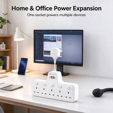 1pc T-Shaped UK Plug Wall Socket Extender, 5 UK 3-Pin Outlets With Individual Switches, 2 USB-A & 2 USB-C Ports, Surge Protection 2500W Max, 10A Fused Plug For Home & Office - UK Plug(220-240V) - View 7
