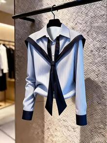 Women Striped Lapel Long Sleeve Shirt, Casual Office Blouse - Blue - View 1