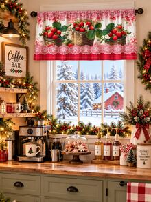 1pc Cute Country Style Kitchen Curtain Set, Strawberry Basket Lace Trim Printed Window Valance Sink Curtain, Rustic Home Kitchen Window Decor - Multicolor - View 10