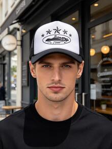Trucker Hat For Men Women, 5 Star Graphic Print Mesh Baseball Cap, Casual Adjustable Snapback Cap Outdoor Streetwear - Sponge Mesh Cap - View 1