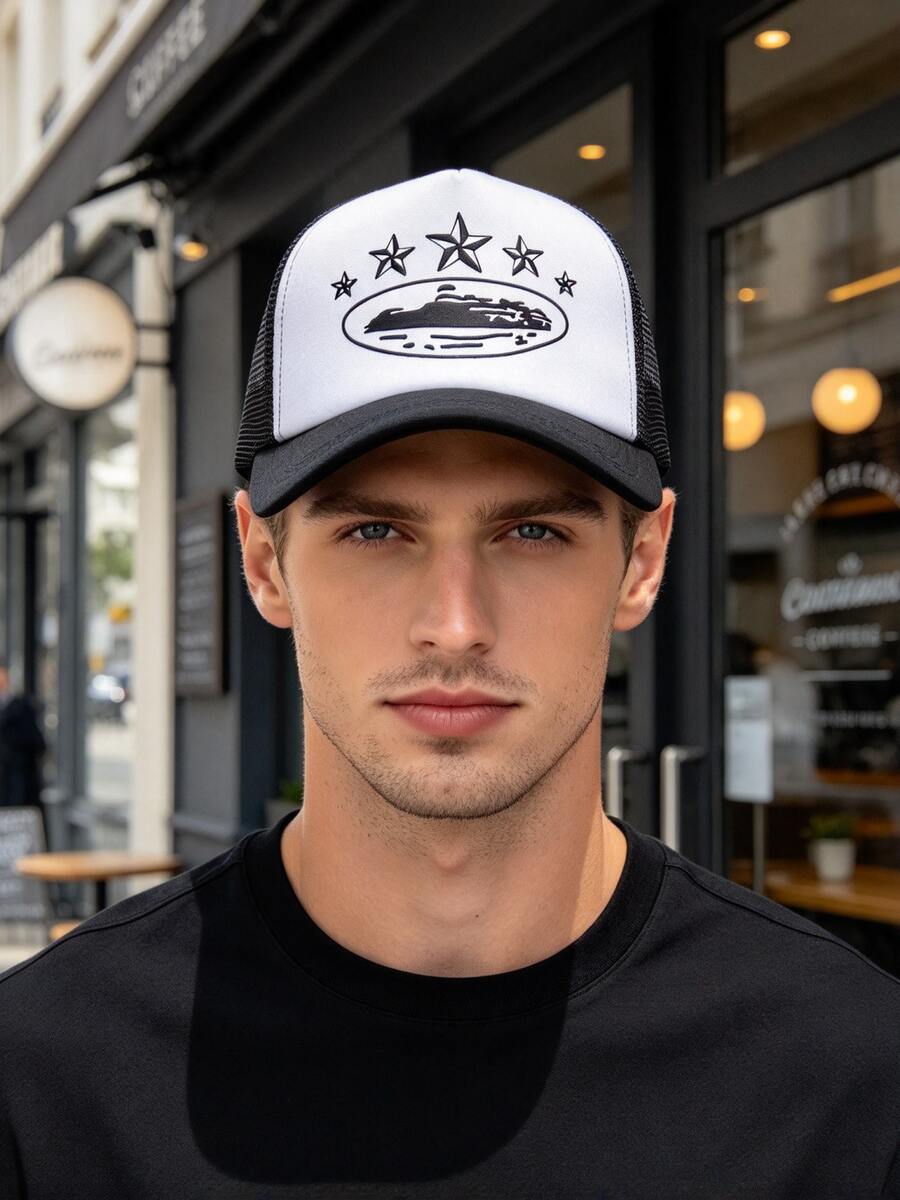 Trucker Hat For Men Women, 5 Star Graphic Print Mesh Baseball Cap, Casual Adjustable Snapback Cap Outdoor Streetwear - Sponge Mesh Cap - View 1
